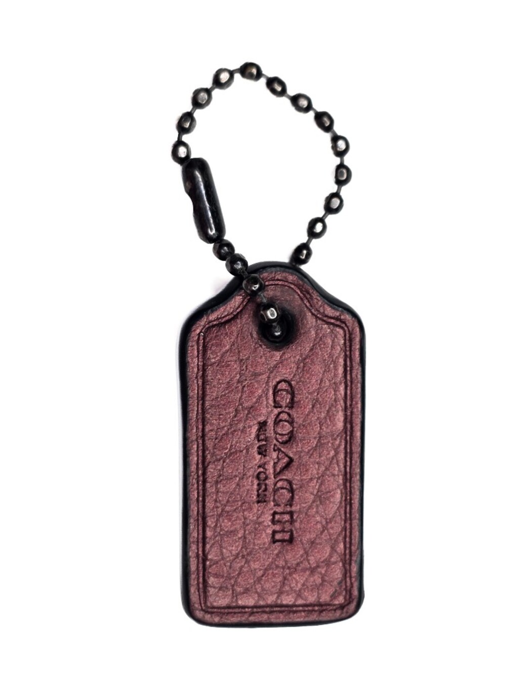 Coach Hang Tag Small Authentic Leather Bag Charm Metallic Wine Gunmetal Chain - Picture 2 of 5